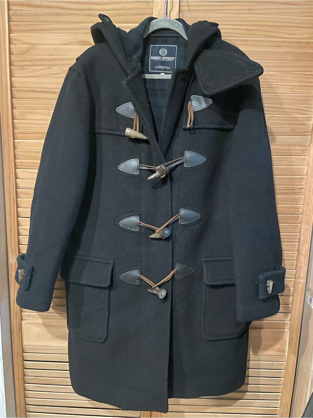 Harvard University Black Wool Toggle Pea Coat with Hood by